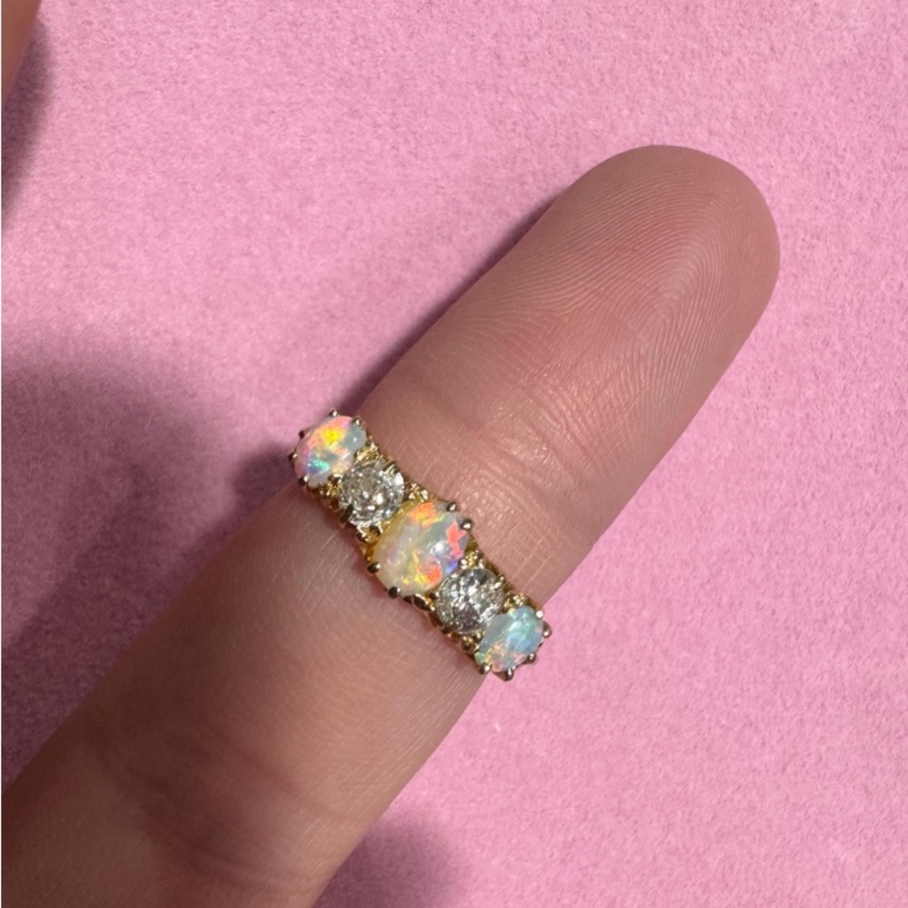 Opal old cut Diamond Ring 18kt BRIGHT! REAL OLD CUT DIAMONDS beautiful antique